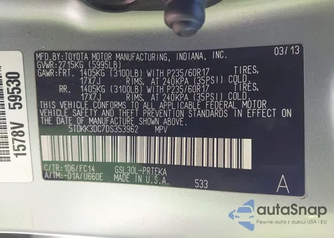 2013 Toyota Sienna Le V6 8 Passenger из США, поврежденный, VIN 5TDKK3DC7DS353962